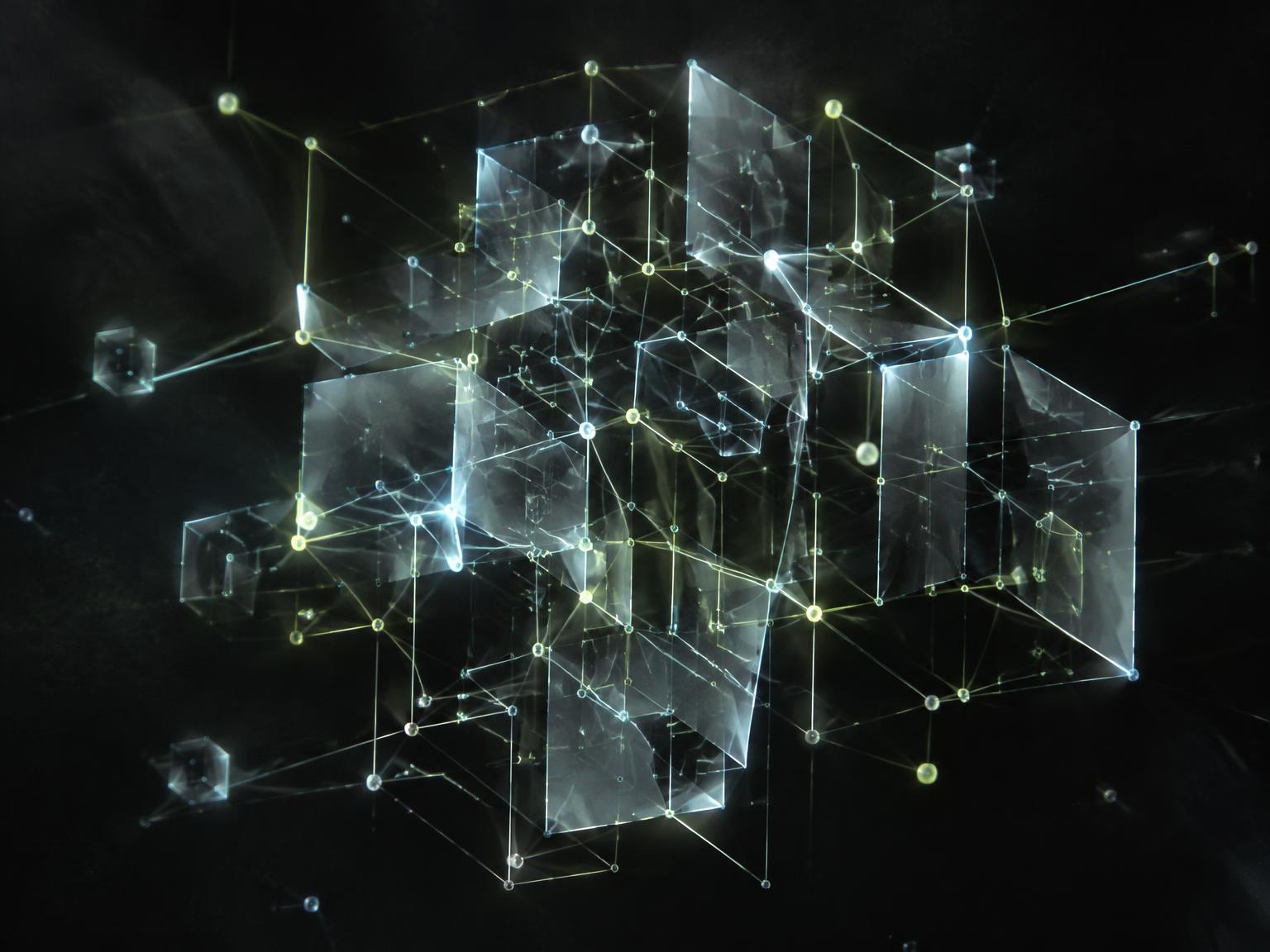 Abstract wireframe network of illuminated nodes and glass panels